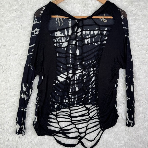 ARDEN B‎ Black Tie Dye Shredded Webbed back Long Sleeve Top Shirt Goth Grunge S - Picture 2 of 7